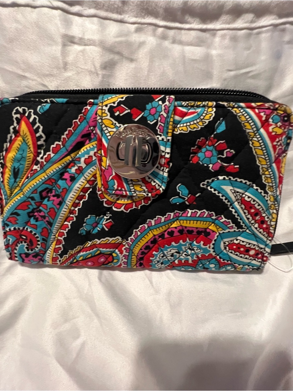 Vera Bradley Black Paisley Quilted Turn-Lock Wristlet with Multicolor Accents